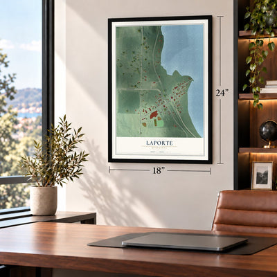 Laporte, Minnesota map, 18 x 24 inch print in a black frame in a home office