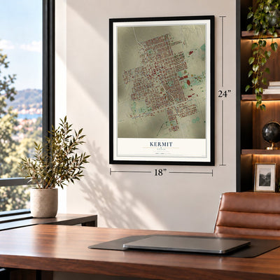 Kermit, Texas map, 18 x 24 inch print in a black frame in a home office