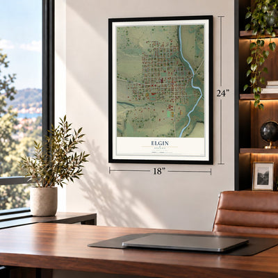 Elgin, Oregon map, 18 x 24 inch print in a black frame in a home office