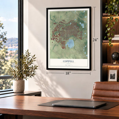 Coppell, Texas map, 18 x 24 inch print in a black frame in a home office