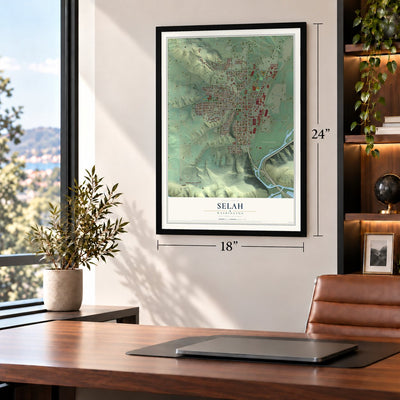 Selah, Washington map, 18 x 24 inch print in a black frame in a home office