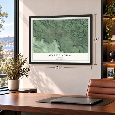 Mountain View, Arkansas map, 18 x 24 inch print in a black frame in a home office
