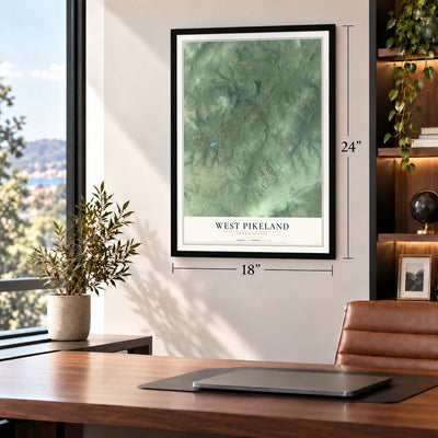 West Pikeland, Pennsylvania map, 18 x 24 inch print in a black frame in a home office