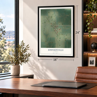 Johnsonville, Illinois map, 18 x 24 inch print in a black frame in a home office