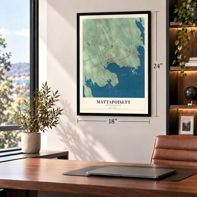 Mattapoisett, Massachusetts map, 18 x 24 inch print in a black frame in a home office