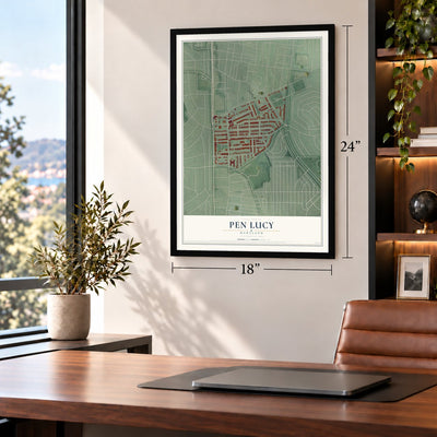 Pen Lucy, Maryland map, 18 x 24 inch print in a black frame in a home office
