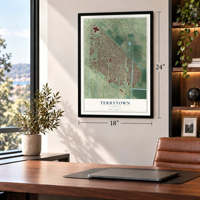Terrytown, Louisiana map, 18 x 24 inch print in a black frame in a home office
