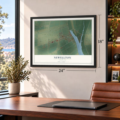 Newellton, Louisiana map, 18 x 24 inch print in a black frame in a home office