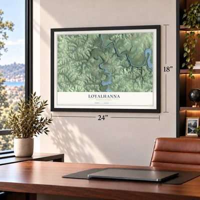 Loyalhanna, Pennsylvania map, 18 x 24 inch print in a black frame in a home office