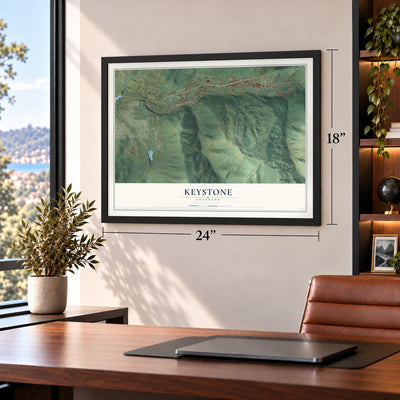 Keystone, Colorado map, 18 x 24 inch print in a black frame in a home office