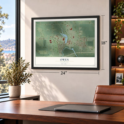 Owen, Wisconsin map, 18 x 24 inch print in a black frame in a home office