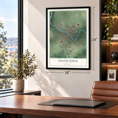 Grand Ledge, Michigan map, 18 x 24 inch print in a black frame in a home office