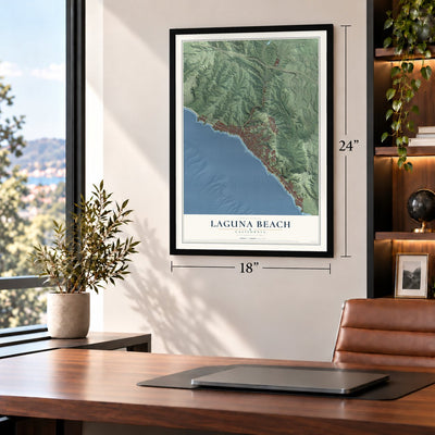 Laguna Beach, California map, 18 x 24 inch print in a black frame in a home office