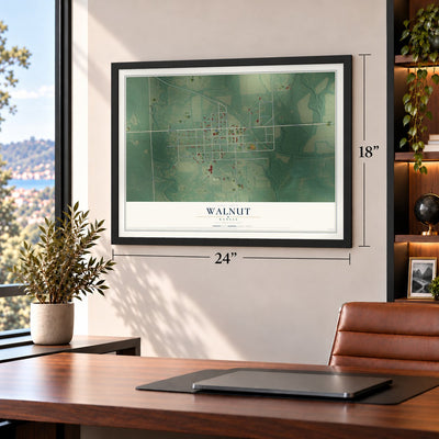 Walnut, Kansas map, 18 x 24 inch print in a black frame in a home office