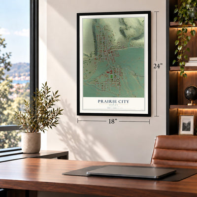 Prairie City, Oregon map, 18 x 24 inch print in a black frame in a home office