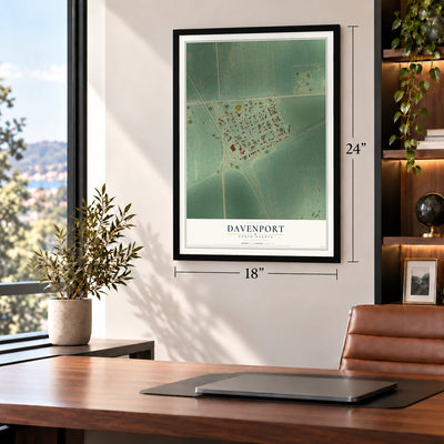 Davenport, North Dakota map, 18 x 24 inch print in a black frame in a home office