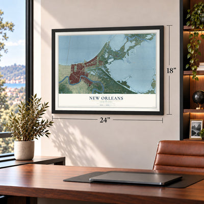 New Orleans, Louisiana map, 18 x 24 inch print in a black frame in a home office