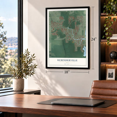 Reminderville, Ohio map, 18 x 24 inch print in a black frame in a home office