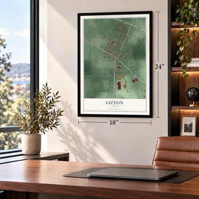 Lizton, Indiana map, 18 x 24 inch print in a black frame in a home office