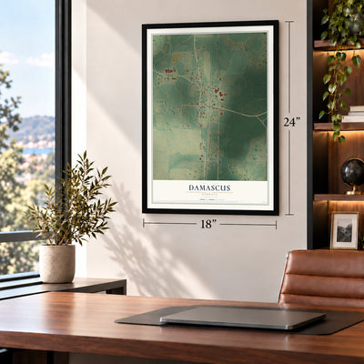 Damascus, Georgia map, 18 x 24 inch print in a black frame in a home office