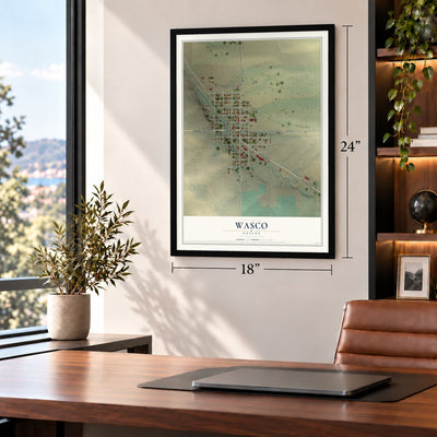 Wasco, Oregon map, 18 x 24 inch print in a black frame in a home office
