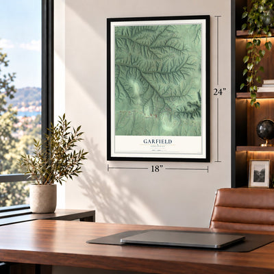Garfield, Arkansas map, 18 x 24 inch print in a black frame in a home office