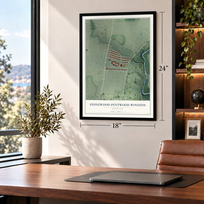 Stonewood-Pentwood-Winston, Maryland map, 18 x 24 inch print in a black frame in a home office