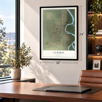La Barge, Wyoming map, 18 x 24 inch print in a black frame in a home office