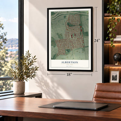 Albertson, New York map, 18 x 24 inch print in a black frame in a home office
