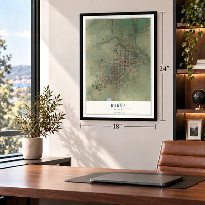 Burns, Oregon map, 18 x 24 inch print in a black frame in a home office