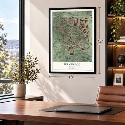 Brentwood, Missouri map, 18 x 24 inch print in a black frame in a home office