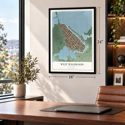 West Wildwood, New Jersey map, 18 x 24 inch print in a black frame in a home office
