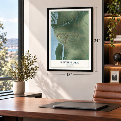 Keithsburg, Illinois map, 18 x 24 inch print in a black frame in a home office