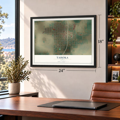 Tahoka, Texas map, 18 x 24 inch print in a black frame in a home office