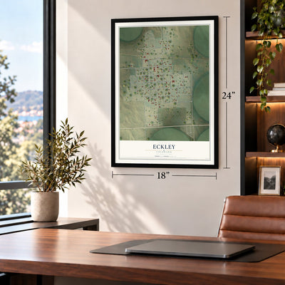 Eckley, Colorado map, 18 x 24 inch print in a black frame in a home office