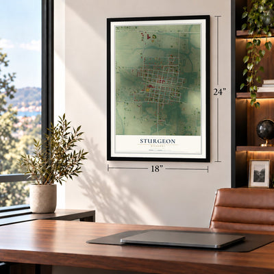 Sturgeon, Missouri map, 18 x 24 inch print in a black frame in a home office