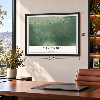 Yellow Bluff, Alabama map, 18 x 24 inch print in a black frame in a home office