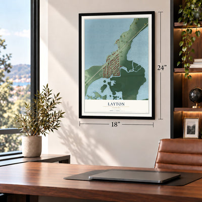 Layton, Florida map, 18 x 24 inch print in a black frame in a home office