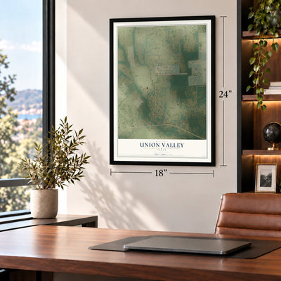 Union Valley, Texas map, 18 x 24 inch print in a black frame in a home office