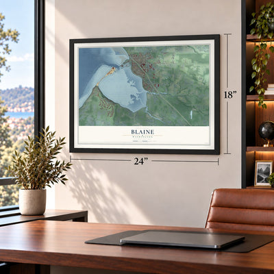 Blaine, Washington map, 18 x 24 inch print in a black frame in a home office