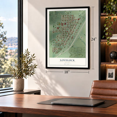 Lovelock, Nevada map, 18 x 24 inch print in a black frame in a home office