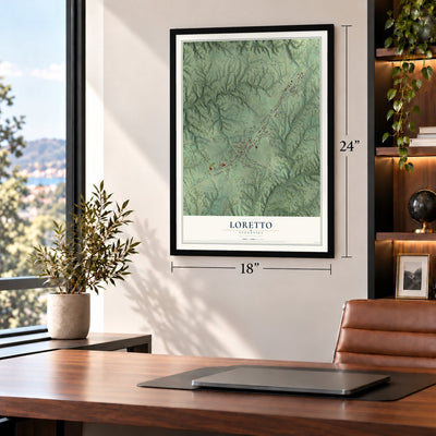 Loretto, Tennessee map, 18 x 24 inch print in a black frame in a home office