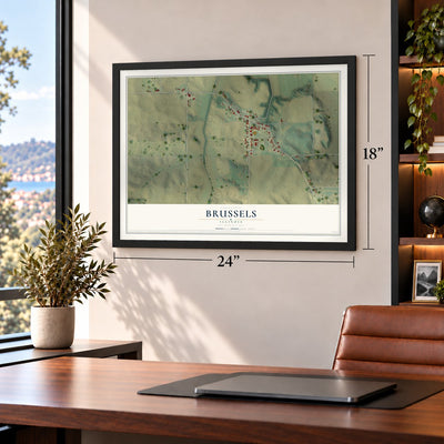 Brussels, Illinois map, 18 x 24 inch print in a black frame in a home office