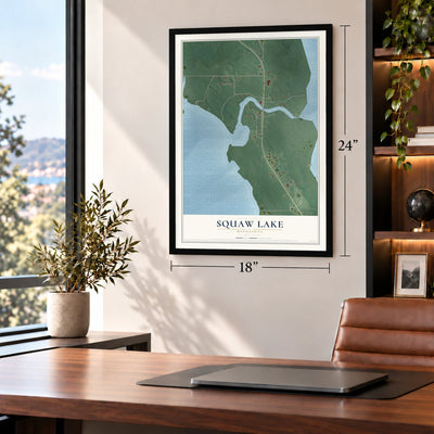 Squaw Lake, Minnesota map, 18 x 24 inch print in a black frame in a home office