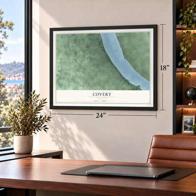 Covert, New York map, 18 x 24 inch print in a black frame in a home office