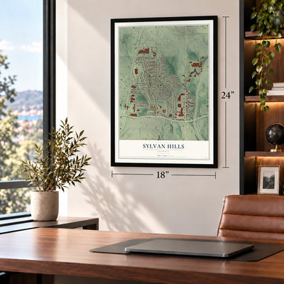 Sylvan Hills, Georgia map, 18 x 24 inch print in a black frame in a home office