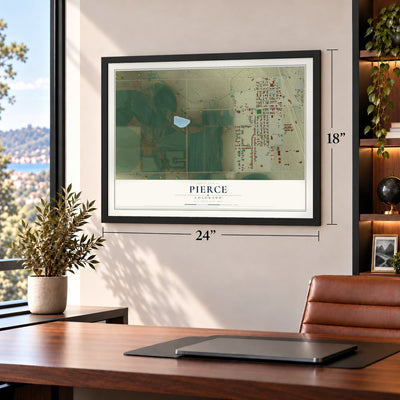 Pierce, Colorado map, 18 x 24 inch print in a black frame in a home office