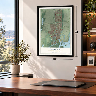 Seaford, New York map, 18 x 24 inch print in a black frame in a home office