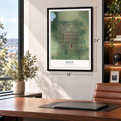 Kulm, North Dakota map, 18 x 24 inch print in a black frame in a home office