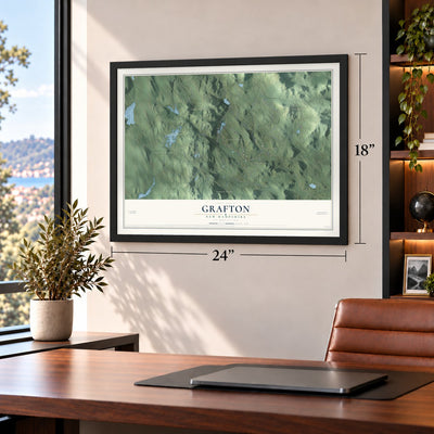 Grafton, New Hampshire map, 18 x 24 inch print in a black frame in a home office